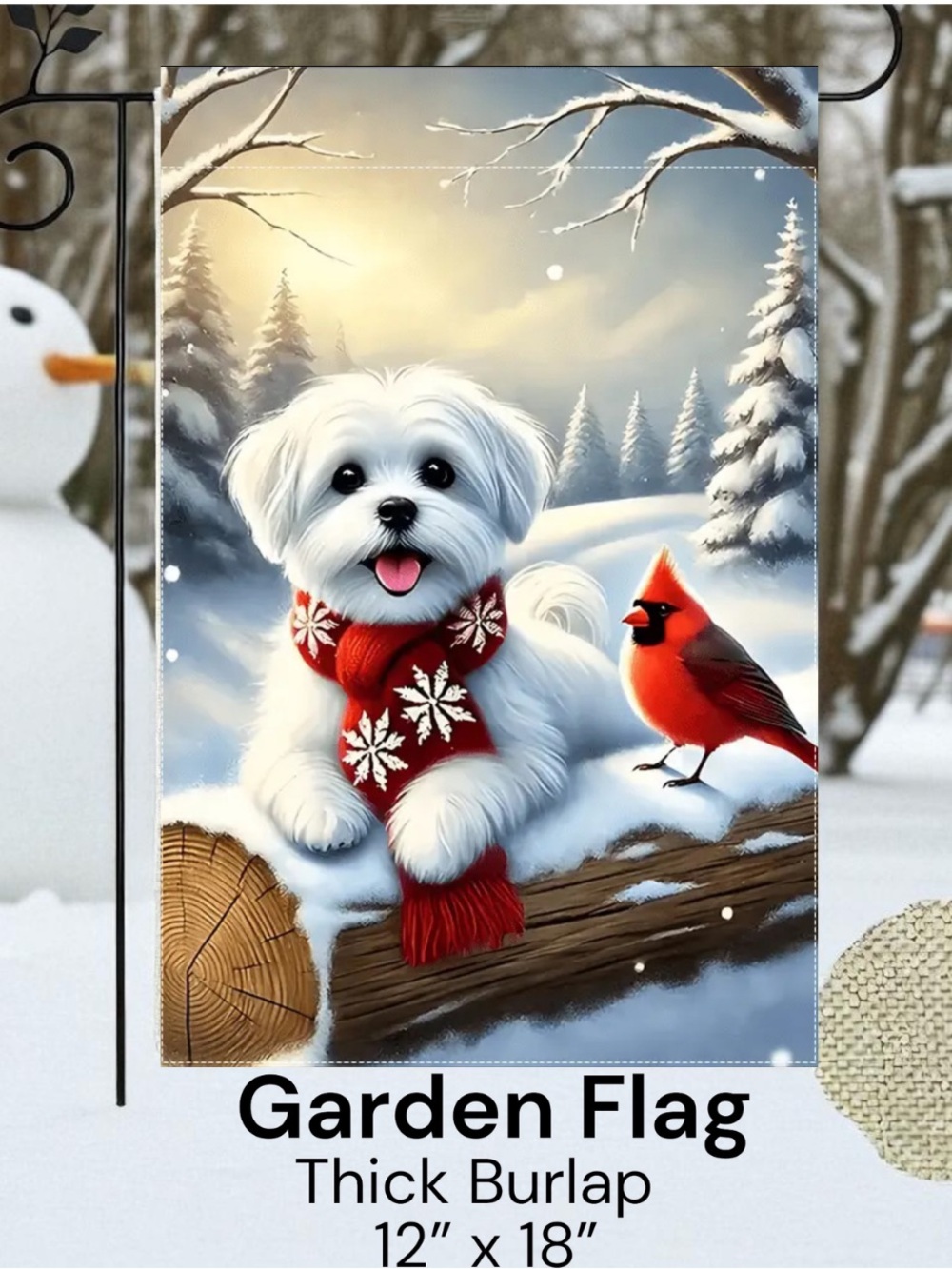 Winter Garden Flag White Maltese Dog & Cardinal, 12”x18”, Burlap